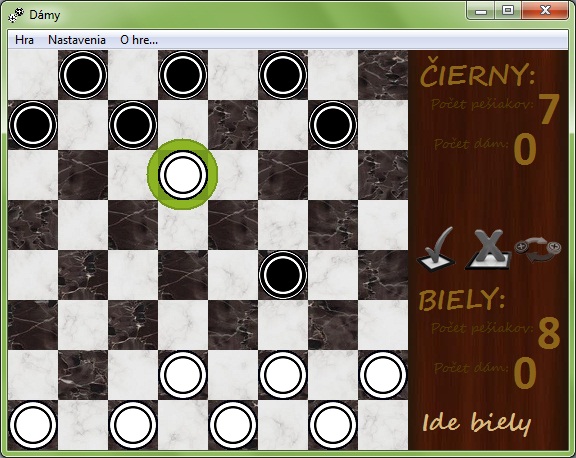 screenshot - biely pešiak je označený zelenou - pokračuje normálne v hre