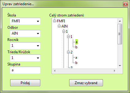 screenshot - ukážka formuláru pre zatriedenie (stromová štruktúra - škola,odbor,ročník,trieda/krúžok,skupina)