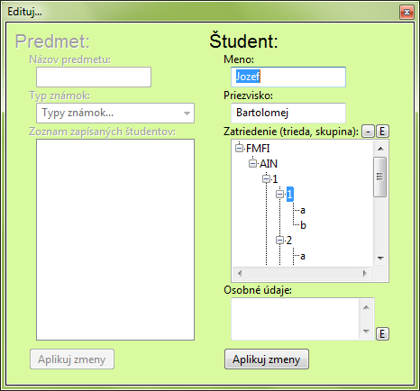 screenshot - ukážka editovania študenta