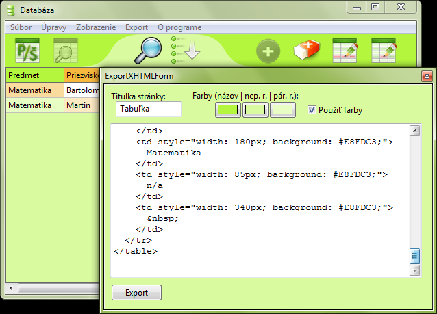 screenshot - ukážka exportu do XHTML tabuľky