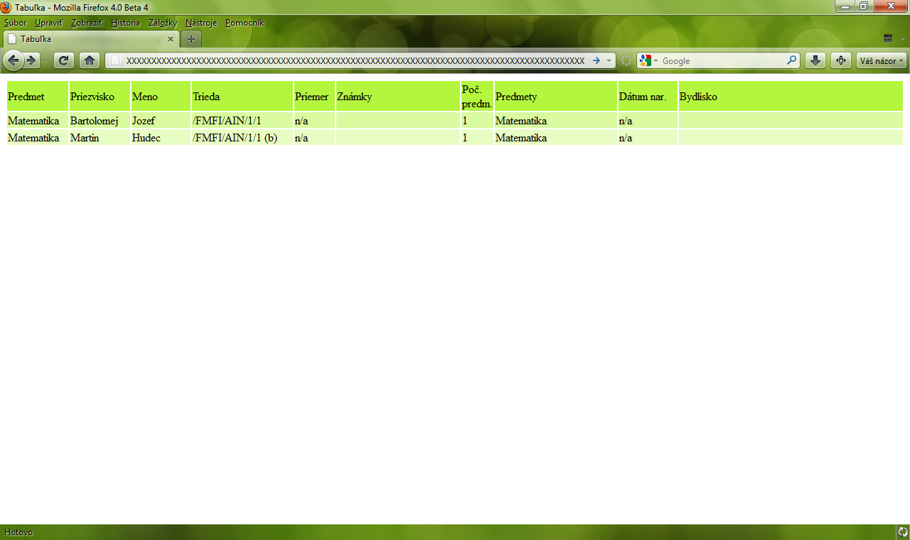 screenshot - ukážka vyexportovanej tabuľky v prehliadači